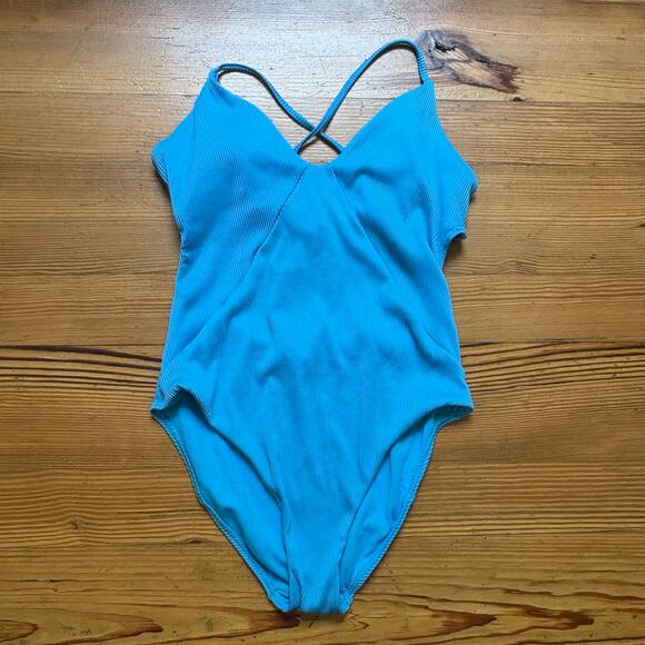SO aqua blue ribbed lace open back moderate coverage one piece swimsuit SIZE L - Picture 7 of 8